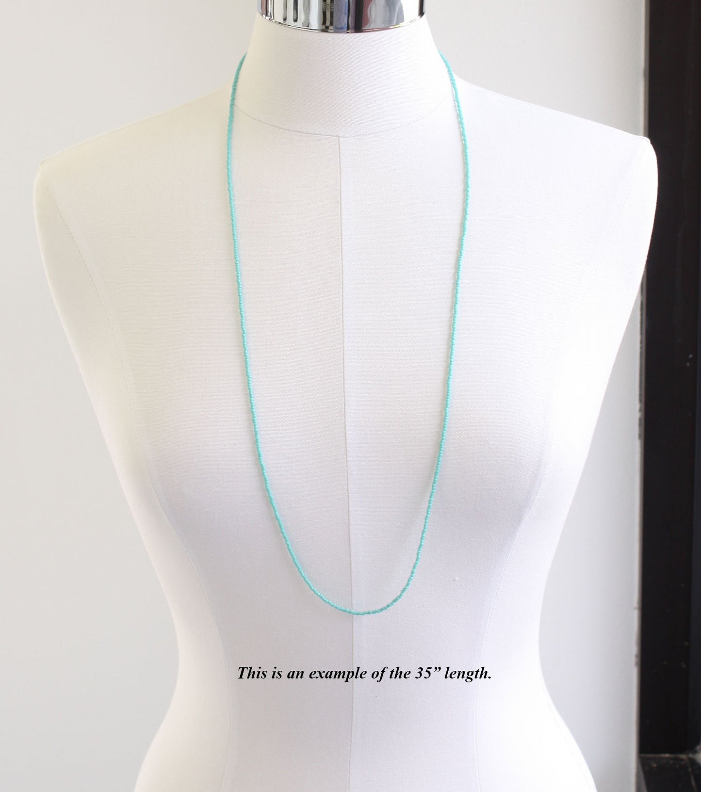 Turquoise Blue Seed Bead Necklace-Shiny-Single Strand