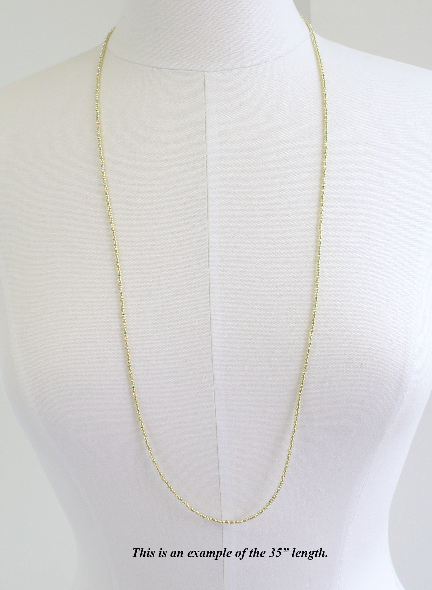 Long Gold Tone Seed Bead Necklace, Single Strand