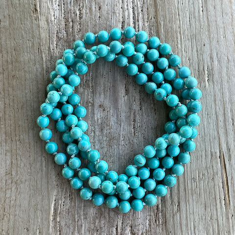 Hand knotted genuine turquoise necklace with 6mm natural blue green turquoise beads, 35 inch endless strand