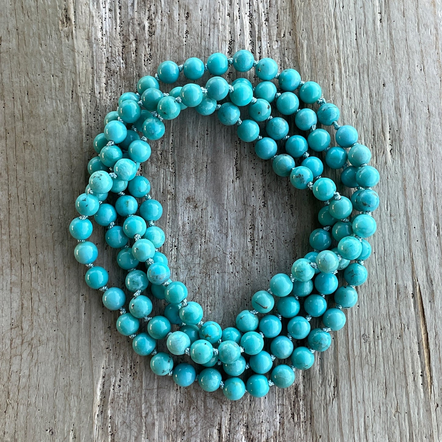 Hand knotted genuine turquoise necklace with 6mm natural blue green turquoise beads, 35 inch endless strand