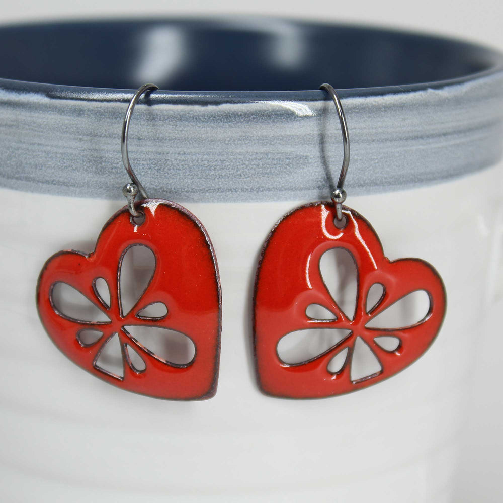 Handmade Red Enamel Heart Earrings