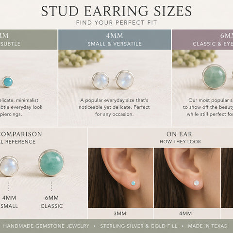 Stud earring size comparison showing 3mm 4mm and 6mm gemstone stud earrings