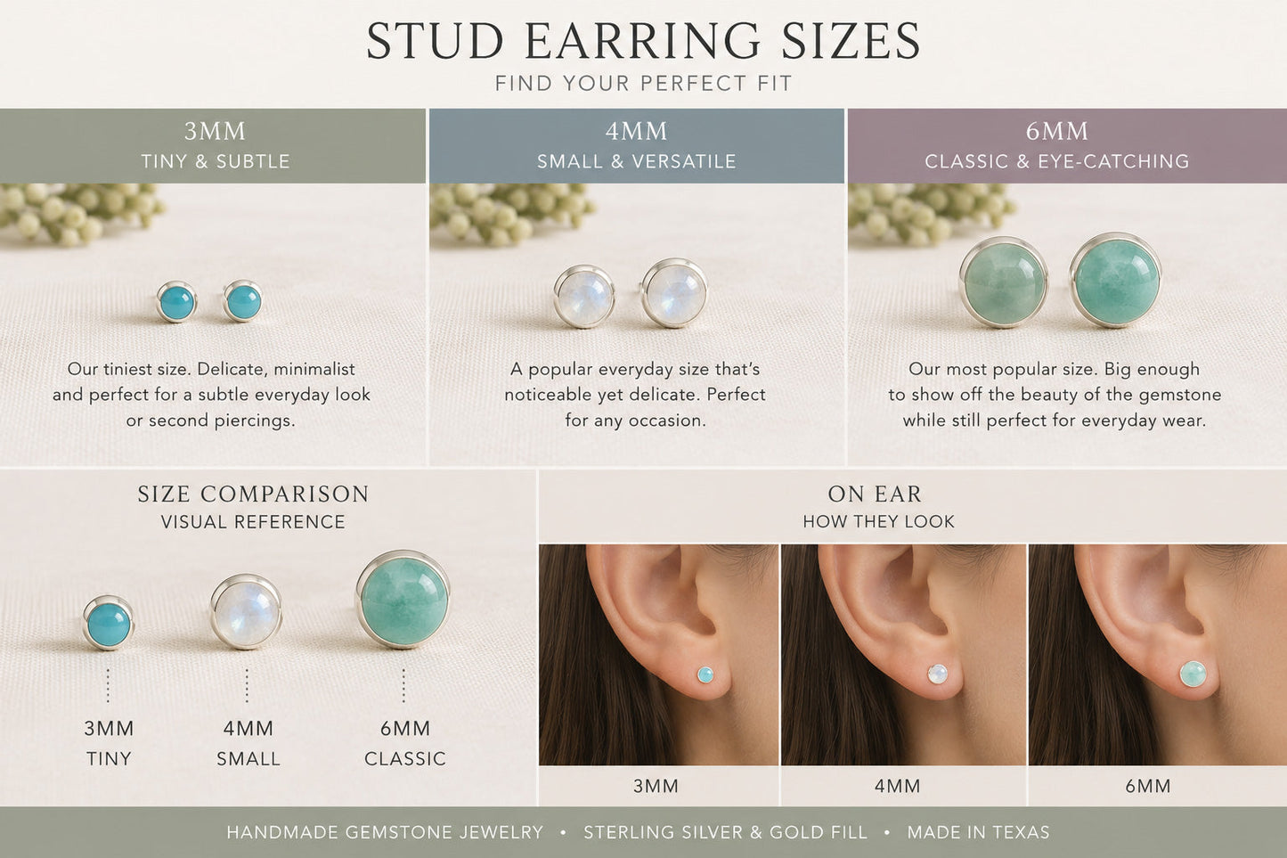Stud earring size comparison showing 3mm 4mm and 6mm gemstone stud earrings