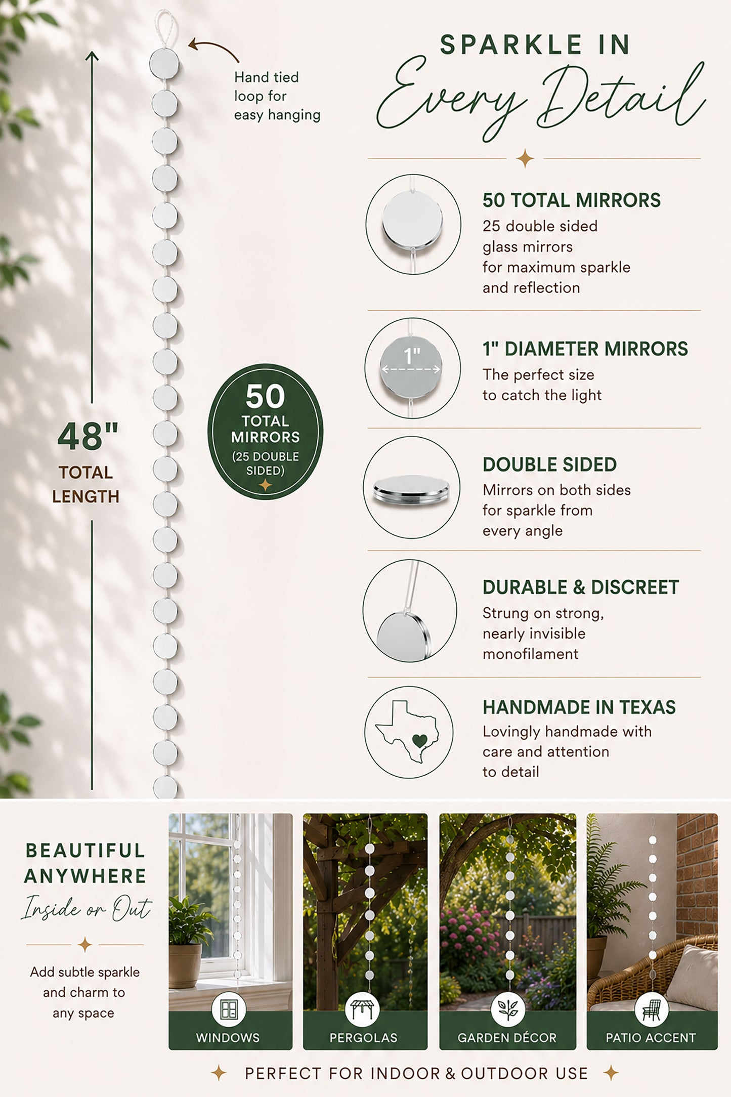 48 inch mirror garland strand with 50 double sided glass mirrors, handmade mirror suncatcher with hand tied loops for window, garden, patio and pergola decor