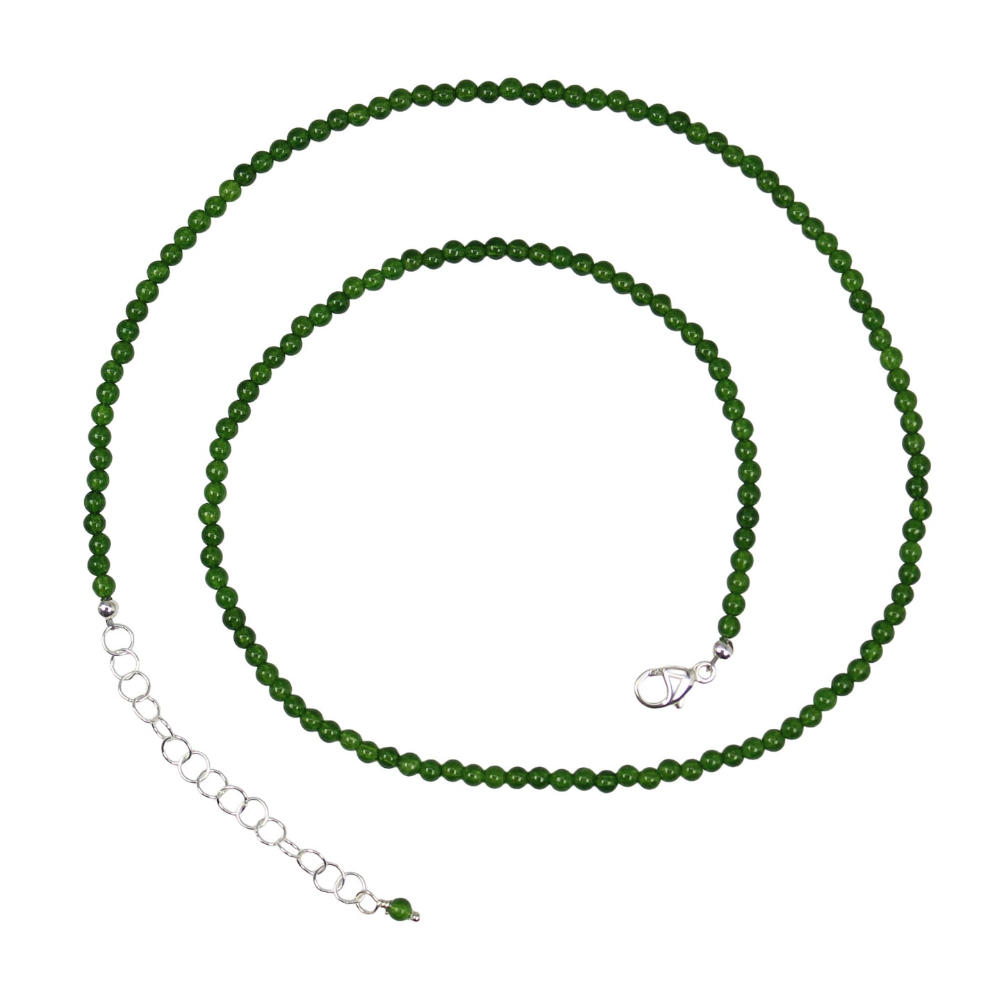 2mm Genuine Green Jade Bead Necklace, Adjustable 15" to 16.5" Sterling Silver Clasp