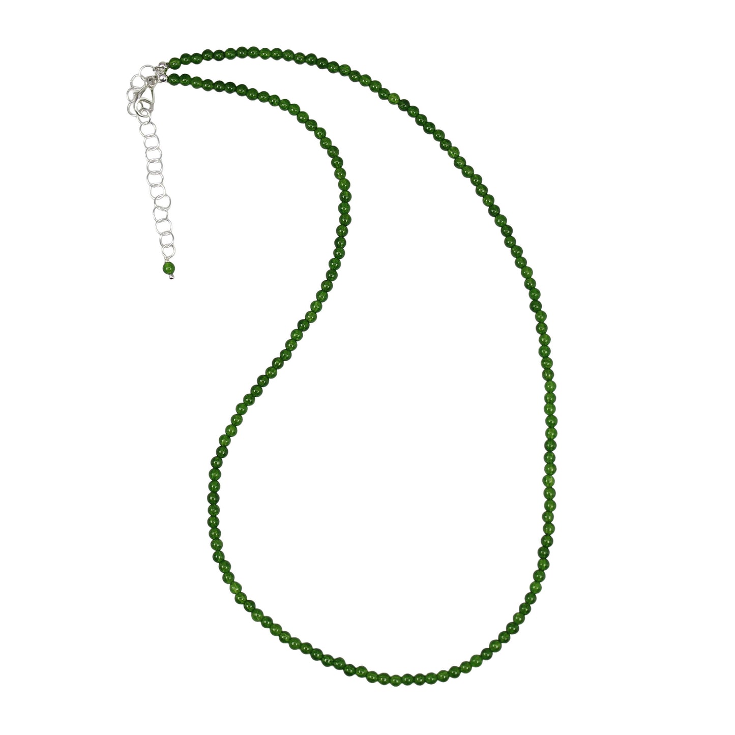 2mm Genuine Green Jade Bead Necklace, Adjustable 15" to 16.5" Sterling Silver Clasp
