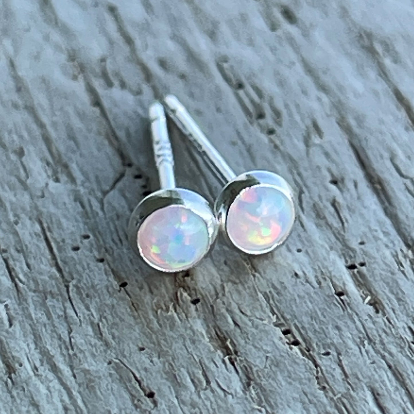 Handmade 3mm lab created opal stud earrings in sterling silver or gold fill