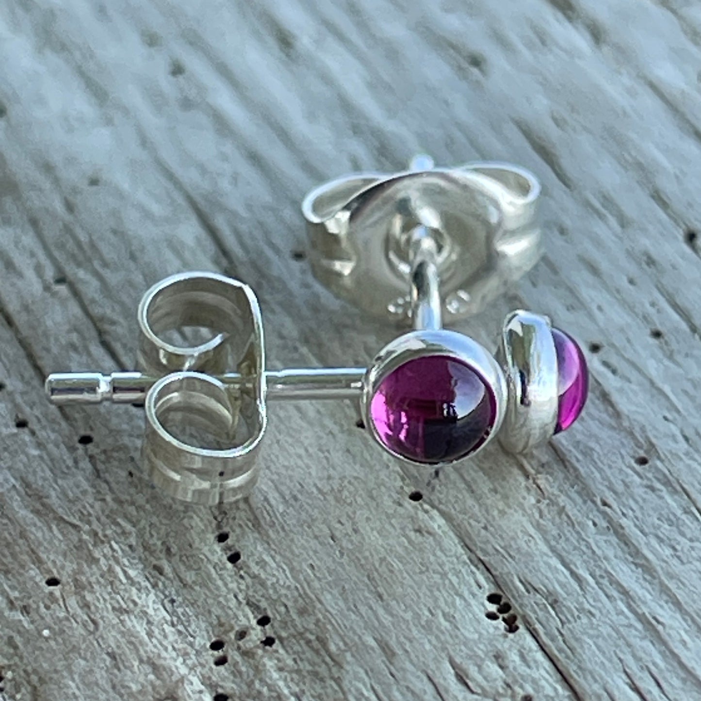 Tiny 3mm Rhodolite Garnet Stud Earrings in Sterling Silver