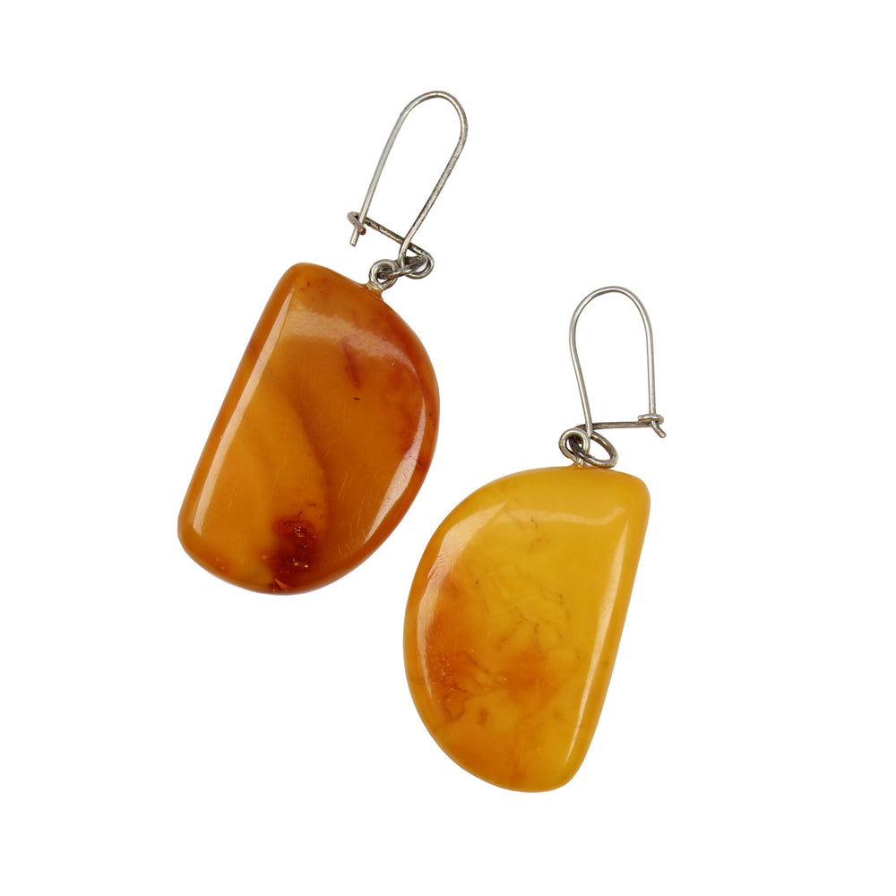 Vintage Amber & Sterling Silver Dangle Earrings, Half Circle Drops