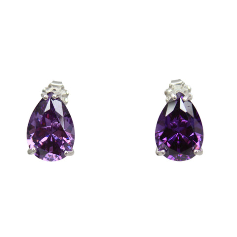 Pear Shaped CZ Stud Earrings in Sterling Silver in Pink or Amethyst Purple