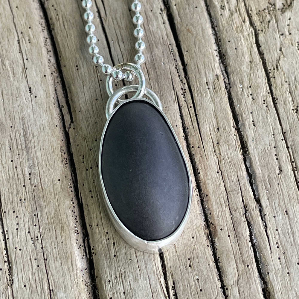 Black Galveston Texas Beach Stone Pendant Necklace in Sterling Silver