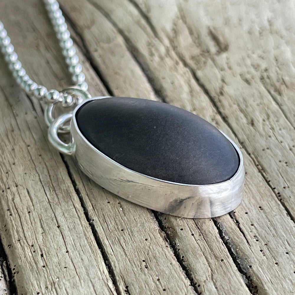 Black Galveston Texas Beach Stone Pendant Necklace in Sterling Silver
