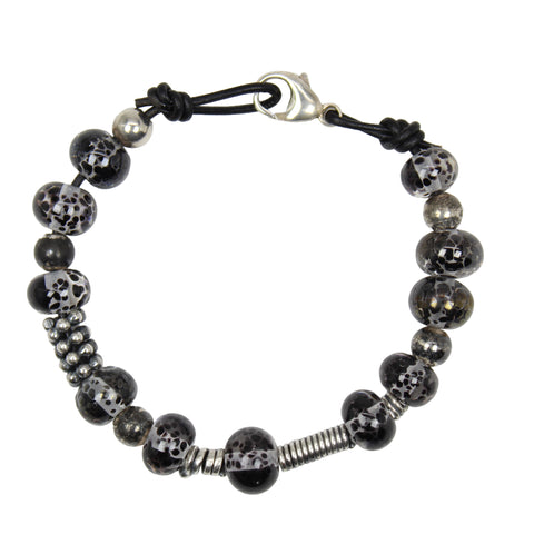 Handmade Black Lampwork Glass Bracelet with Sterling Silver & Leather