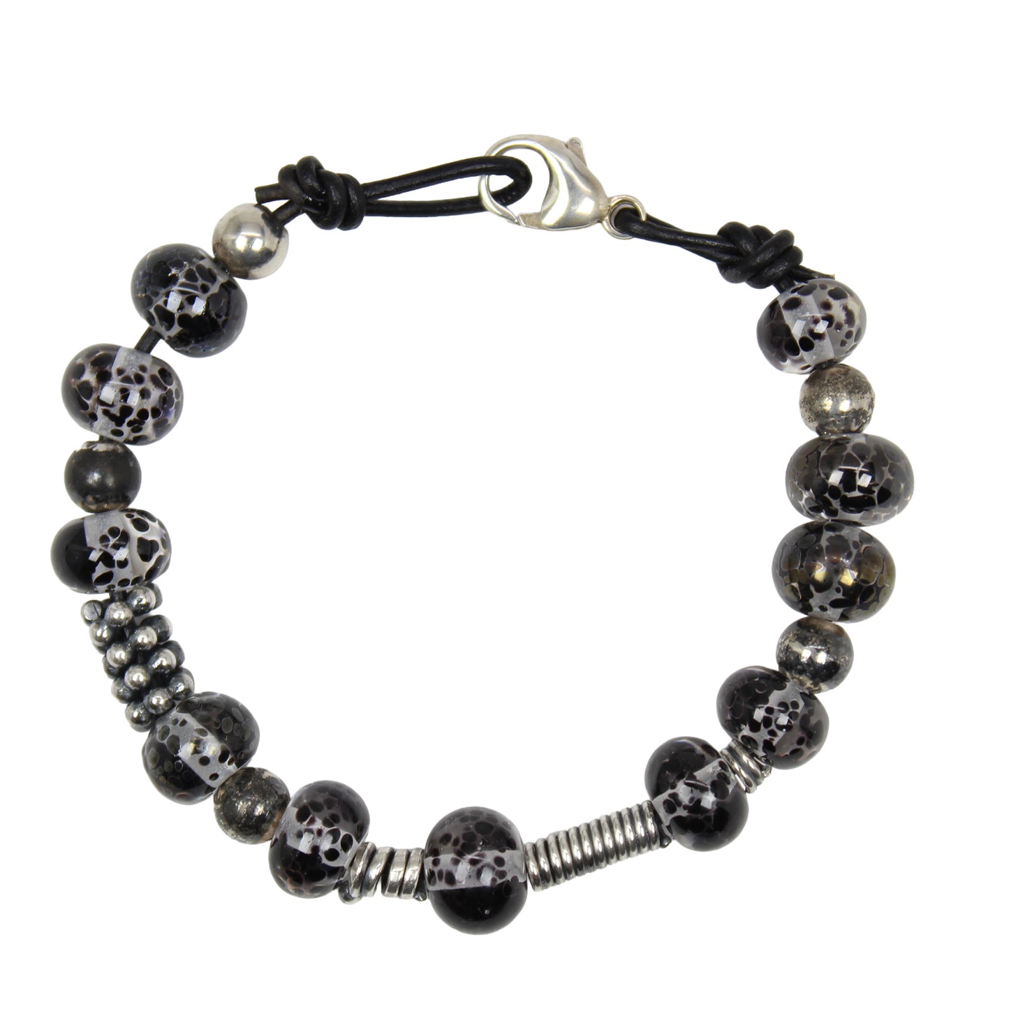 Handmade Black Lampwork Glass Bracelet with Sterling Silver & Leather