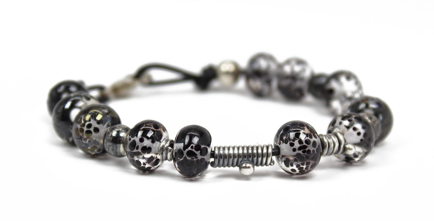 Handmade Black Lampwork Glass Bracelet with Sterling Silver & Leather
