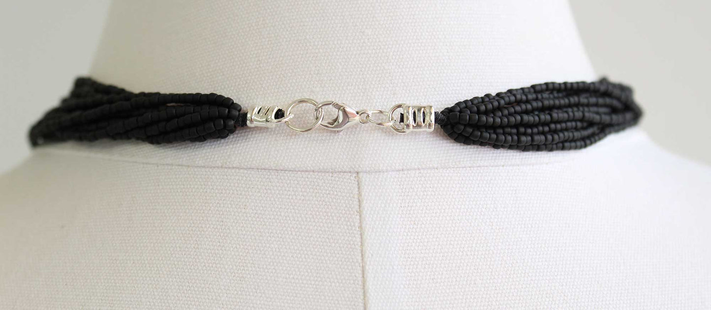 Multi Strand Matte Black Seed Bead Necklace 18 Inches