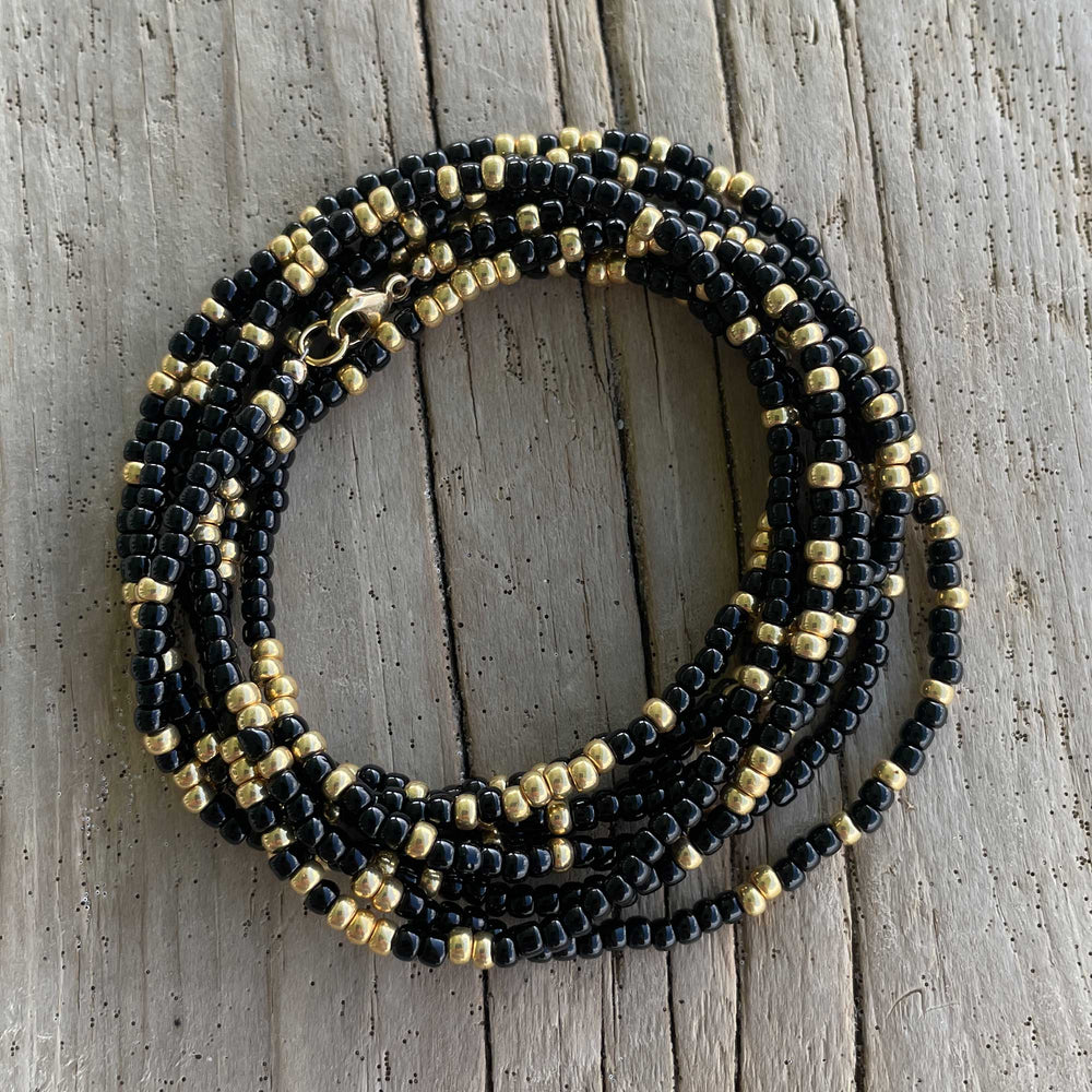 
                      
                        Black and Gold Seed Bead Necklace, Thin 2mm Single Strand
                      
                    