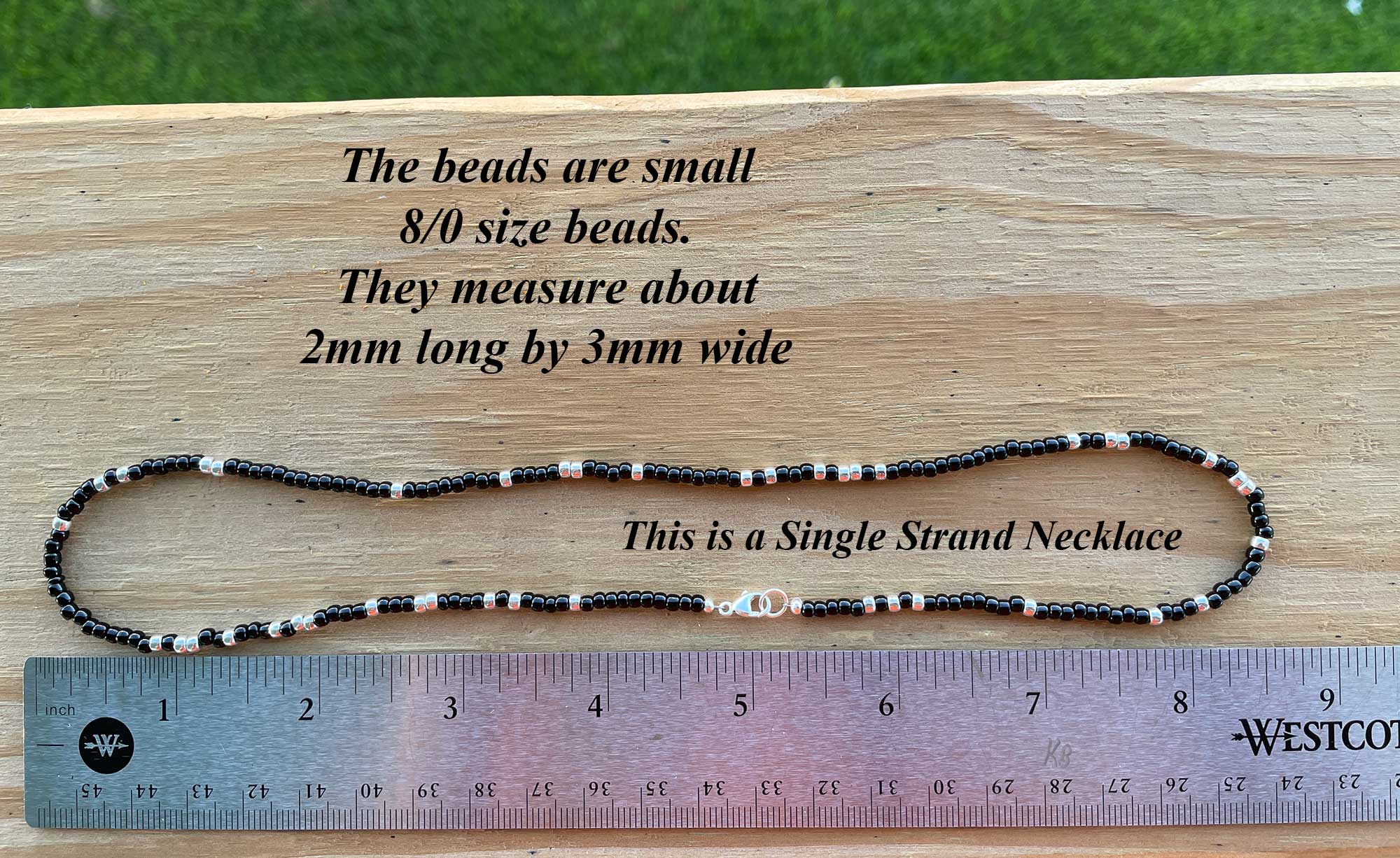Black and Silver Seed Bead Necklace, Thin 2mm Single Strand Beaded