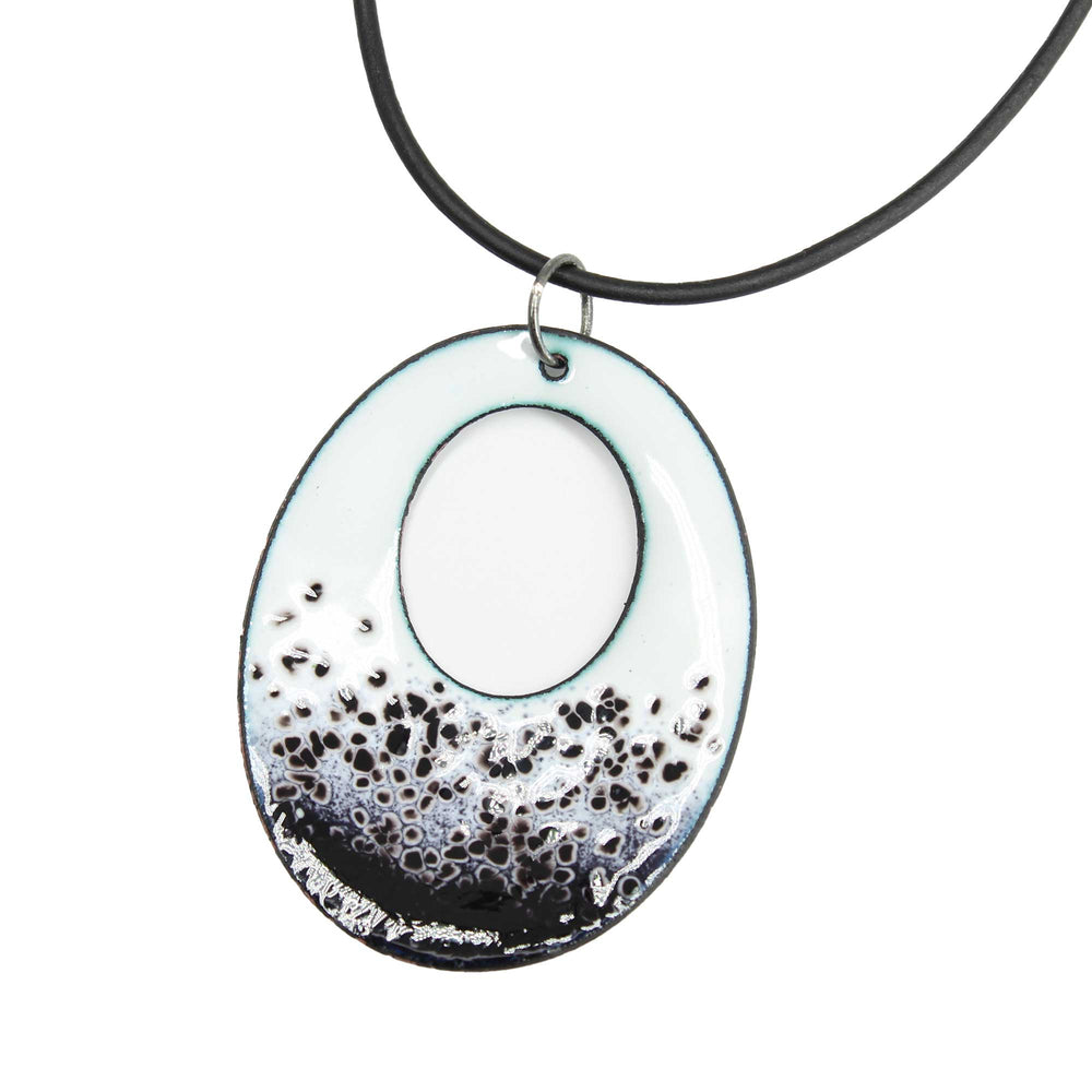 
                      
                        Black and White Oval Enamel Pendant Necklace- Handmade Contemporary Glass Jewelry for Statement Style
                      
                    