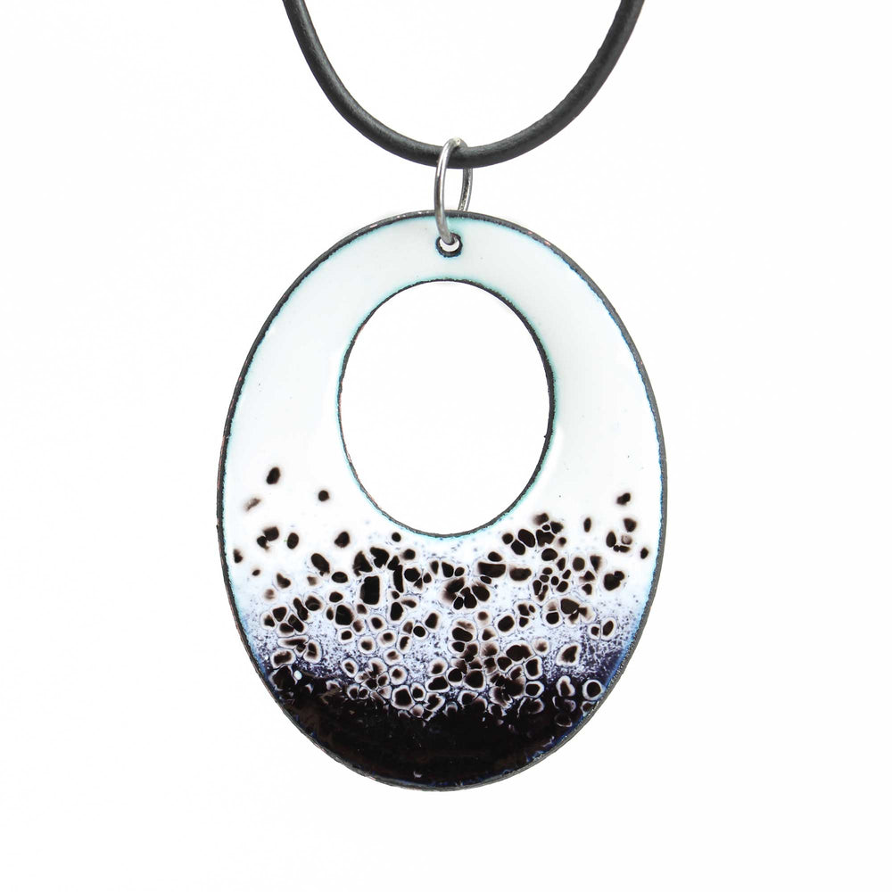 
                      
                        Black and White Oval Enamel Pendant Necklace- Handmade Contemporary Glass Jewelry for Statement Style
                      
                    