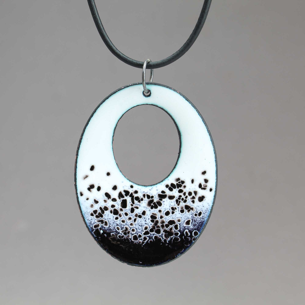 
                      
                        Black and White Oval Enamel Pendant Necklace- Handmade Contemporary Glass Jewelry for Statement Style
                      
                    