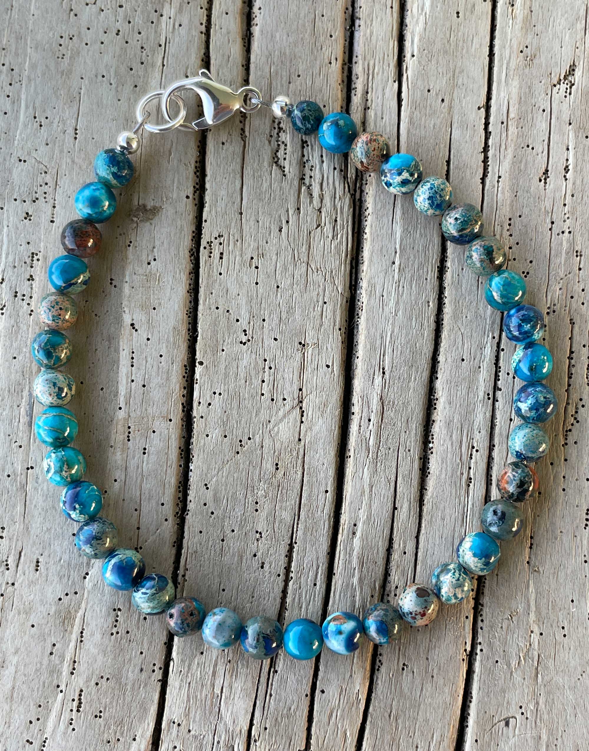 Blue Jasper Bracelet, Small 4mm Multi Color Blue Stone Bracelet
