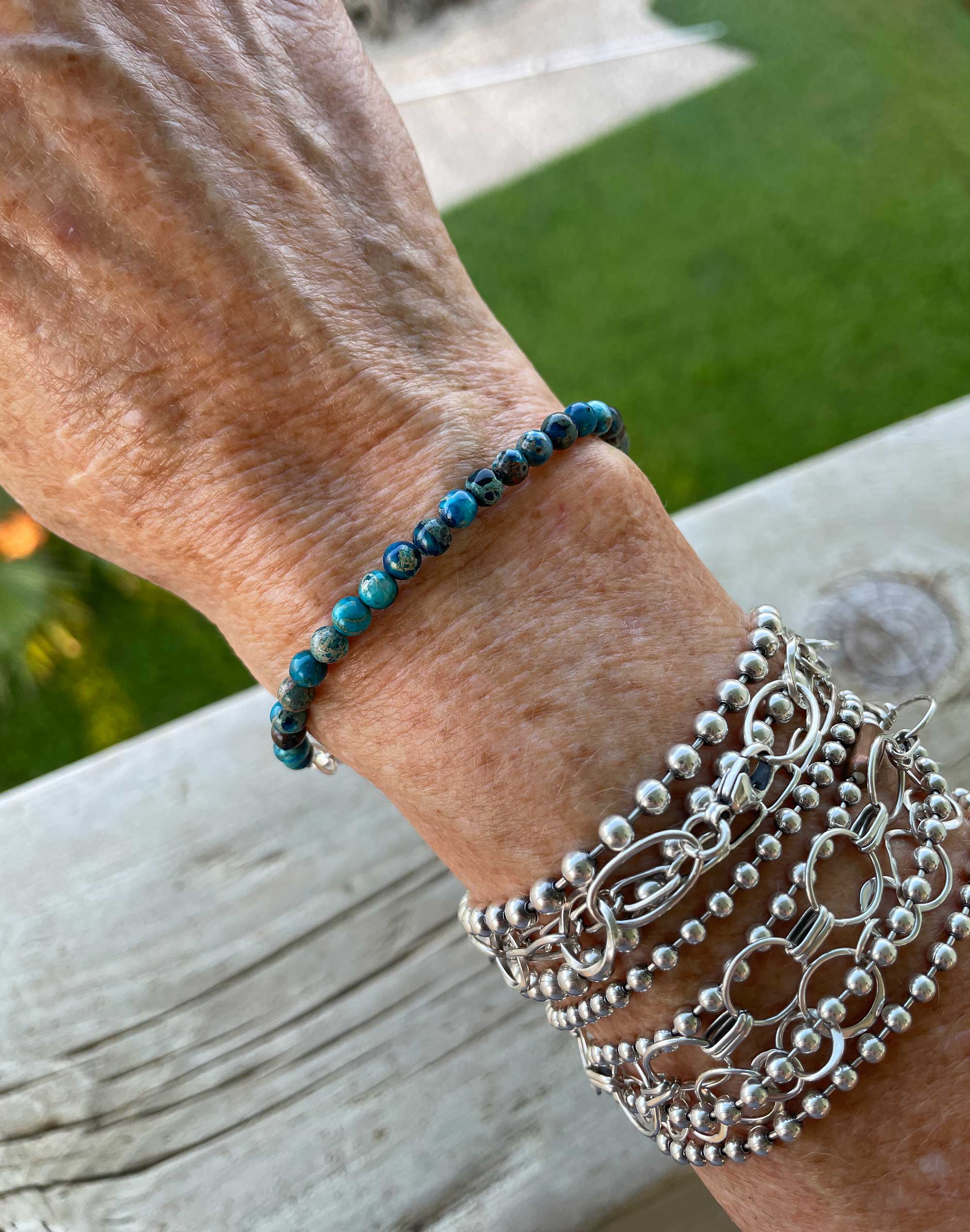 Blue Jasper Bracelet, Small 4mm Multi Color Blue Stone Bracelet