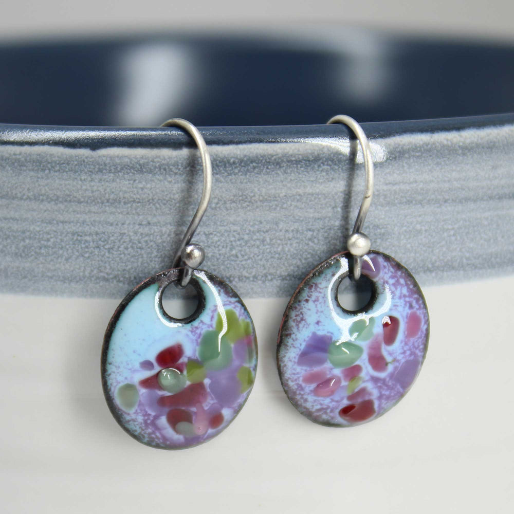 Small Blue and Pink Glass Enamel Earrings with Sterling Silver Ear Wires