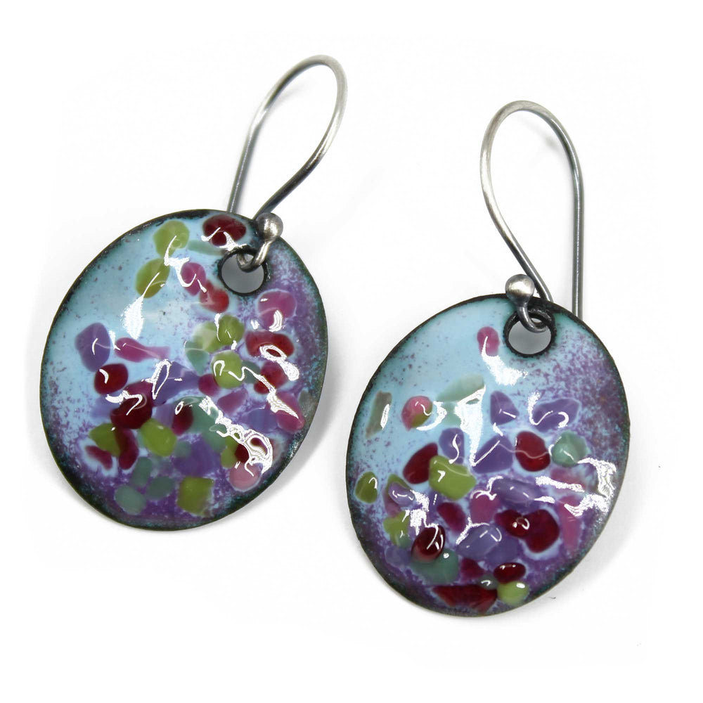 Multi Color Blue and Pink Glass Enamel Earrings with Sterling Silver Ear Wires