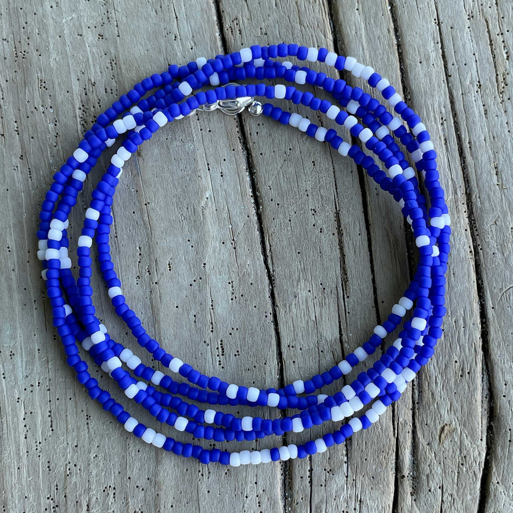 
                      
                        Frosted Navy Blue and White Seed Bead Necklace
                      
                    