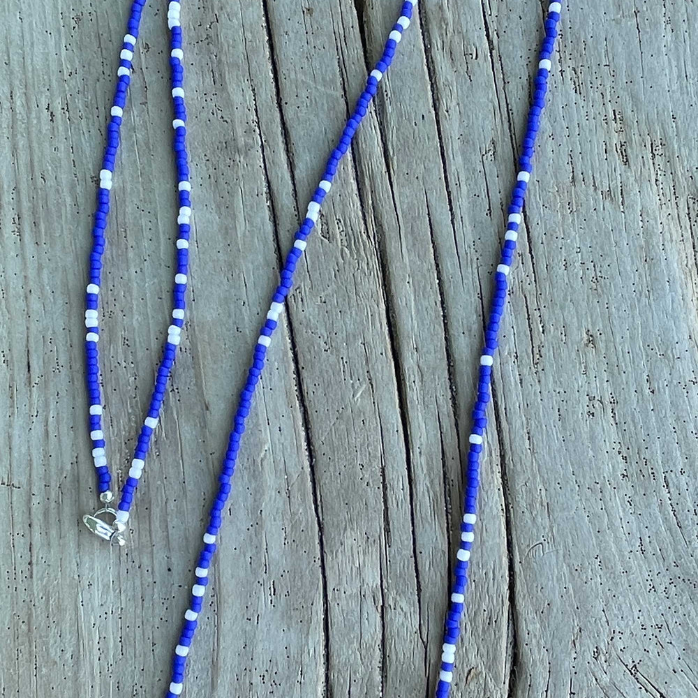 
                      
                        Frosted Navy Blue and White Seed Bead Necklace
                      
                    