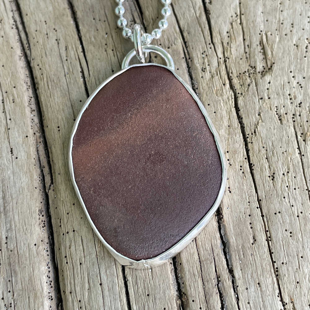 Brown Galveston Texas Beach Stone Pendant Necklace in Sterling Silver