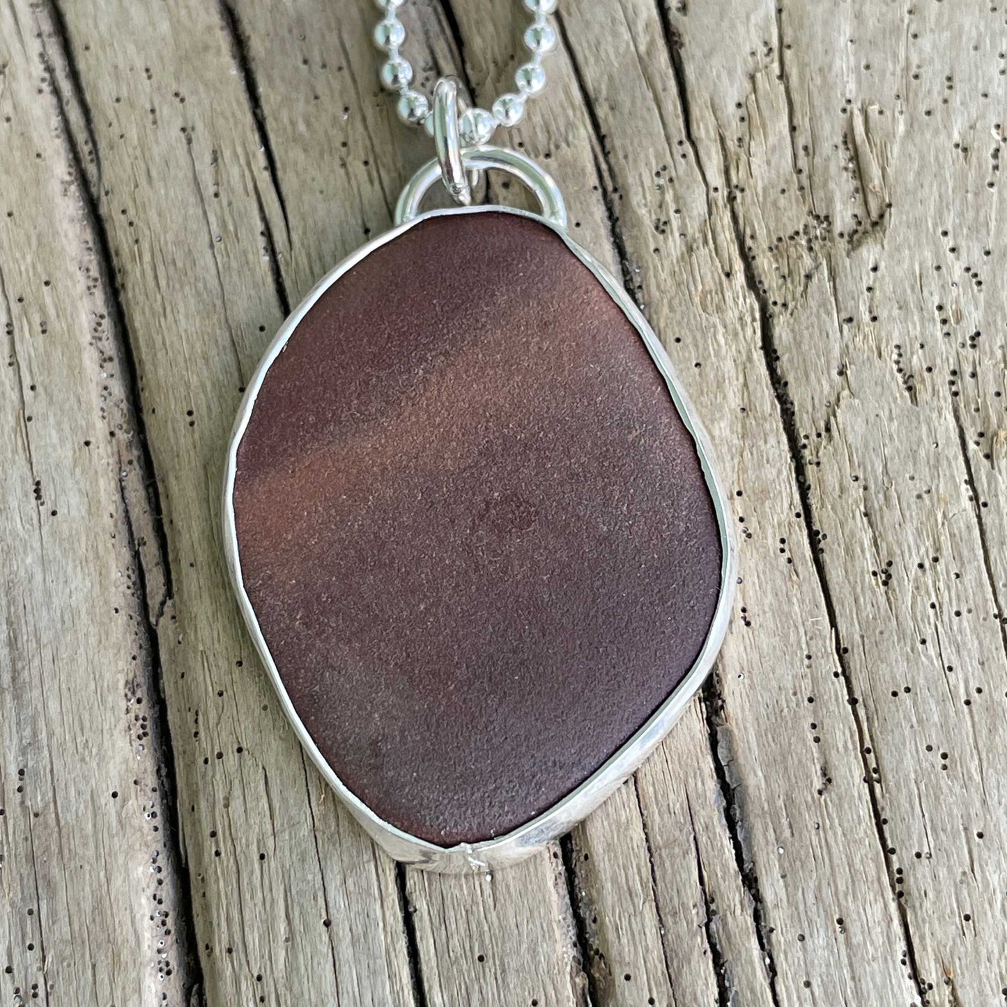 Brown Galveston Texas Beach Stone Pendant Necklace in Sterling Silver