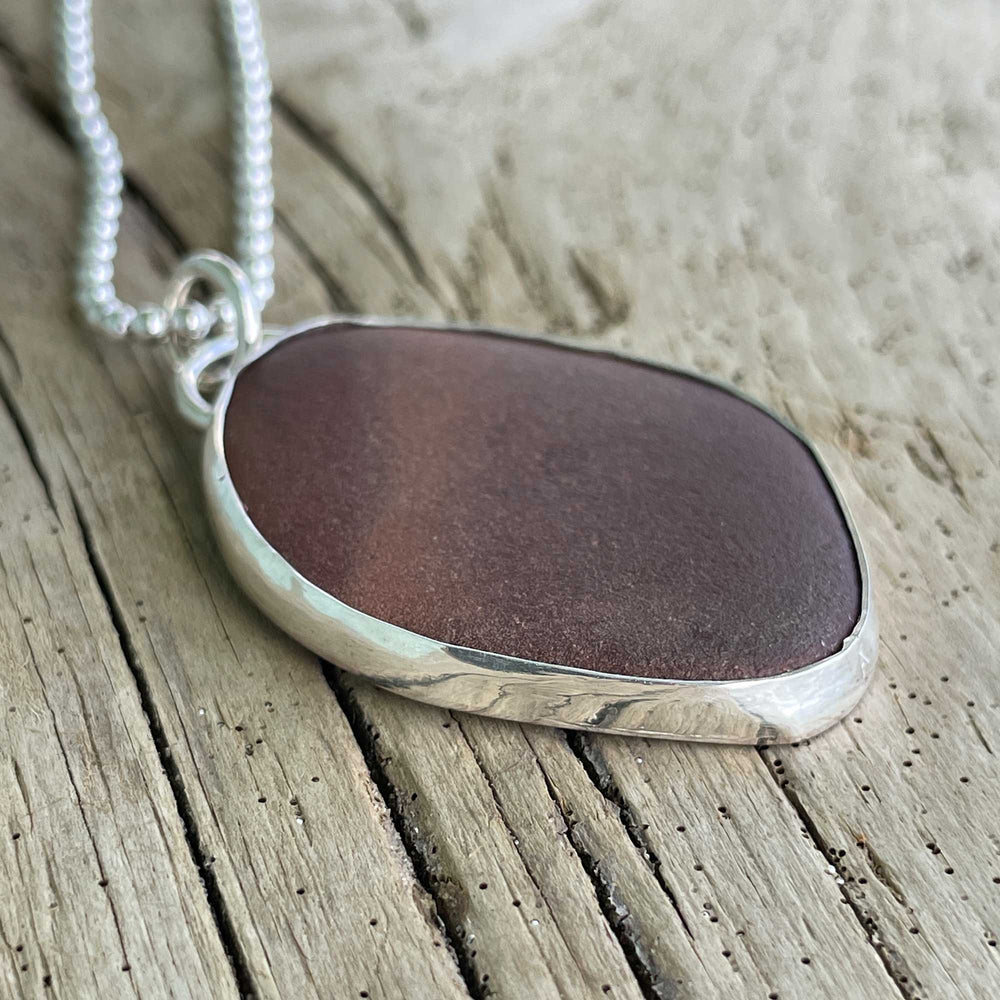 Brown Galveston Texas Beach Stone Pendant Necklace in Sterling Silver