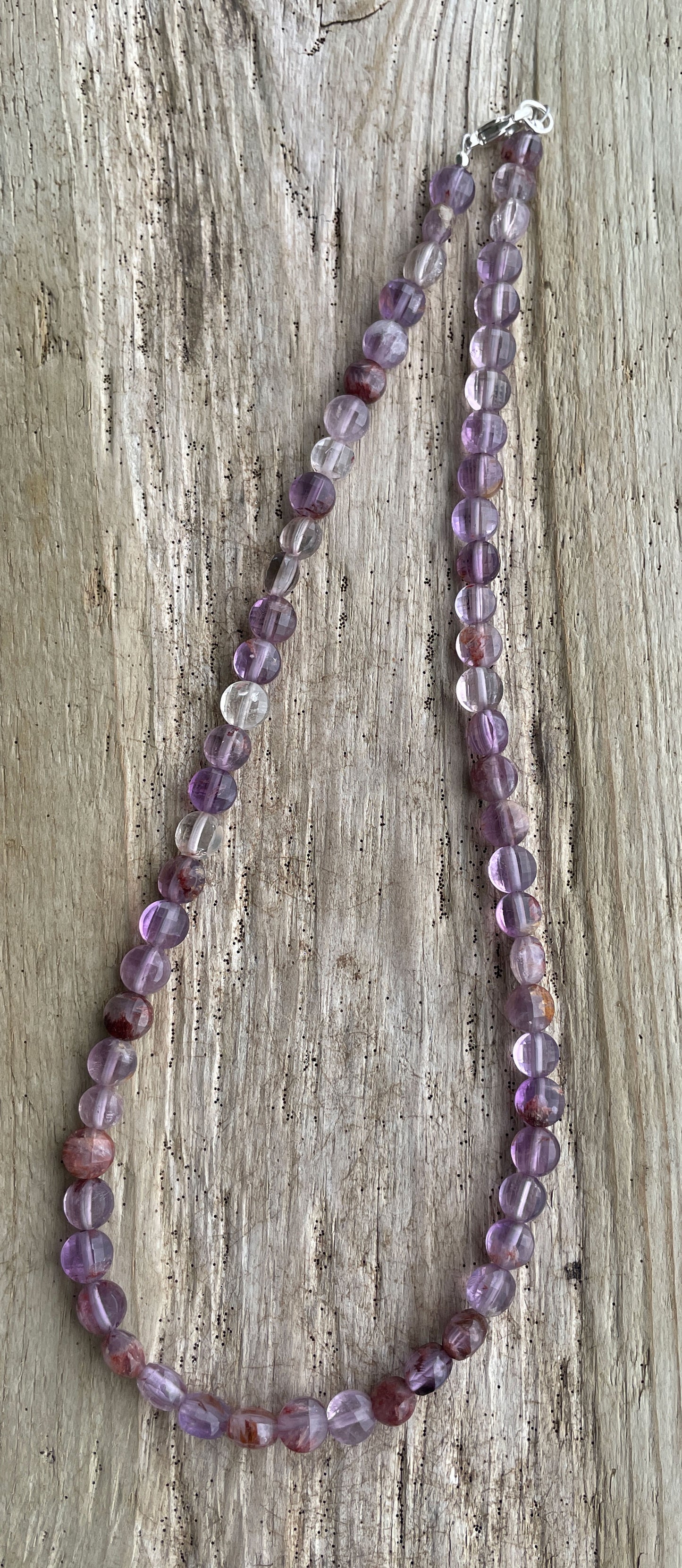 Super Seven Amethyst Necklace Cacoxenite in Amethyst 6mm Faceted Coin Beads 16 Inch