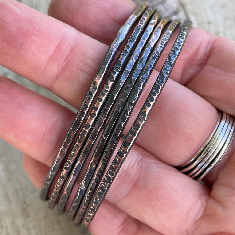 Set of 6 Rustic Hammered Copper Stacking Bangles 2.5" ID