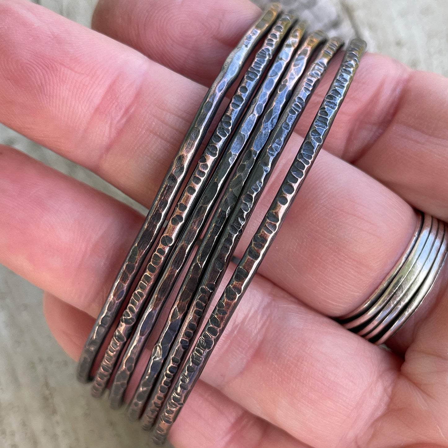 Set of 6 Rustic Hammered Copper Stacking Bangles 2.5" ID