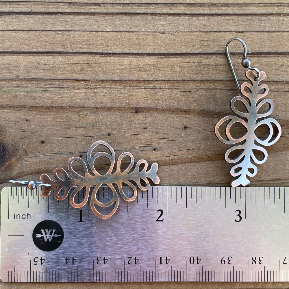 
                      
                        Copper Filigree Dangle Earrings 2" L x 1" W
                      
                    