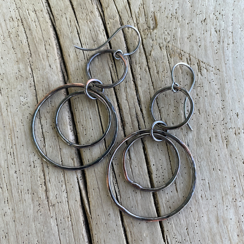 Artisan Hammered Copper Hoop Dangle Earrings with Sterling Silver Ear Wires
