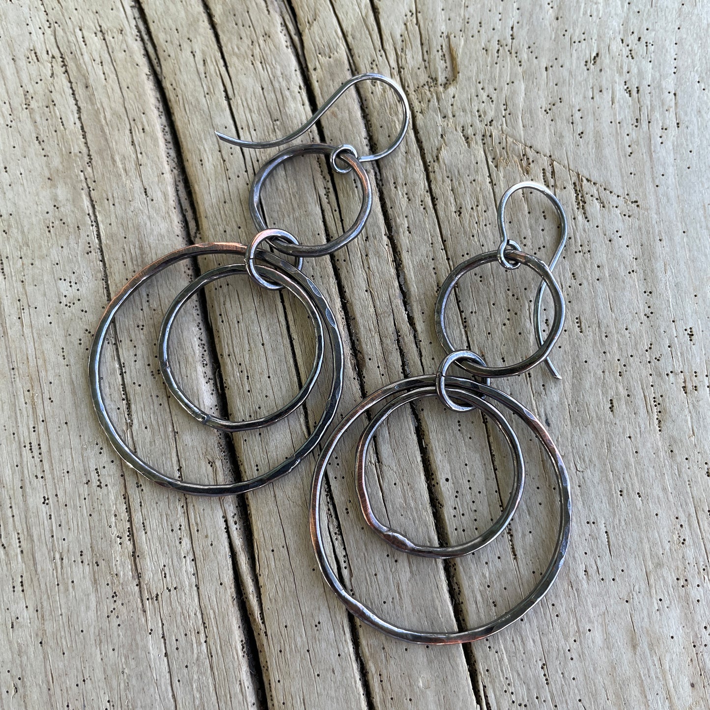 Artisan Hammered Copper Hoop Dangle Earrings with Sterling Silver Ear Wires