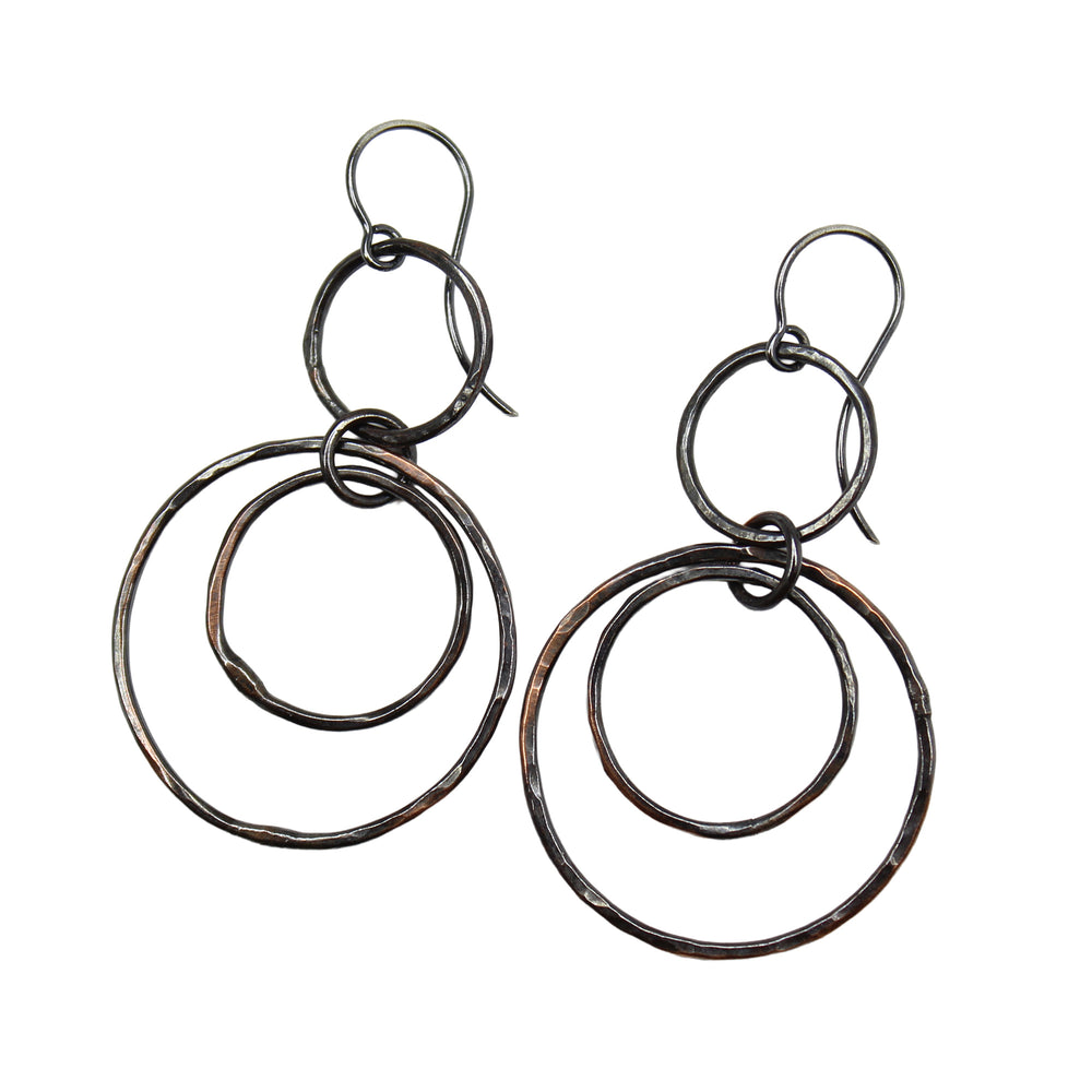 Artisan Hammered Copper Hoop Dangle Earrings with Sterling Silver Ear Wires