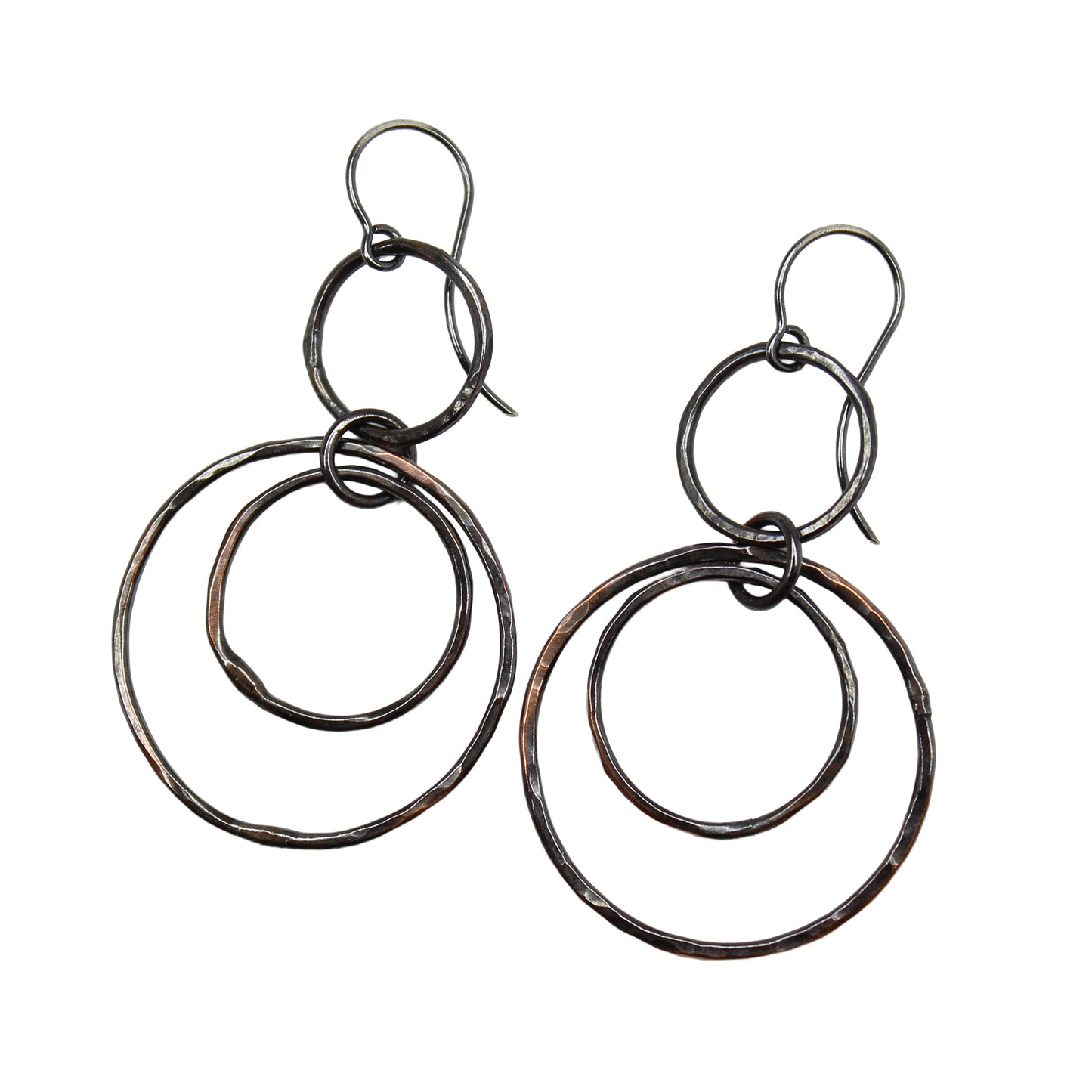 Artisan Hammered Copper Hoop Dangle Earrings with Sterling Silver Ear Wires
