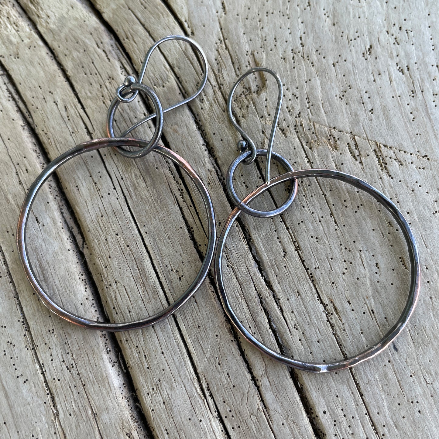 Rustic Hammered Copper Hoop Earrings with Sterling Silver Wires