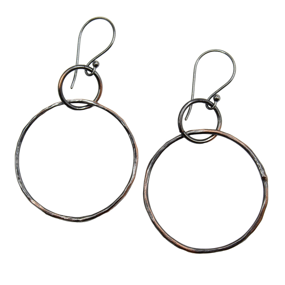 Rustic Hammered Copper Hoop Earrings with Sterling Silver Wires