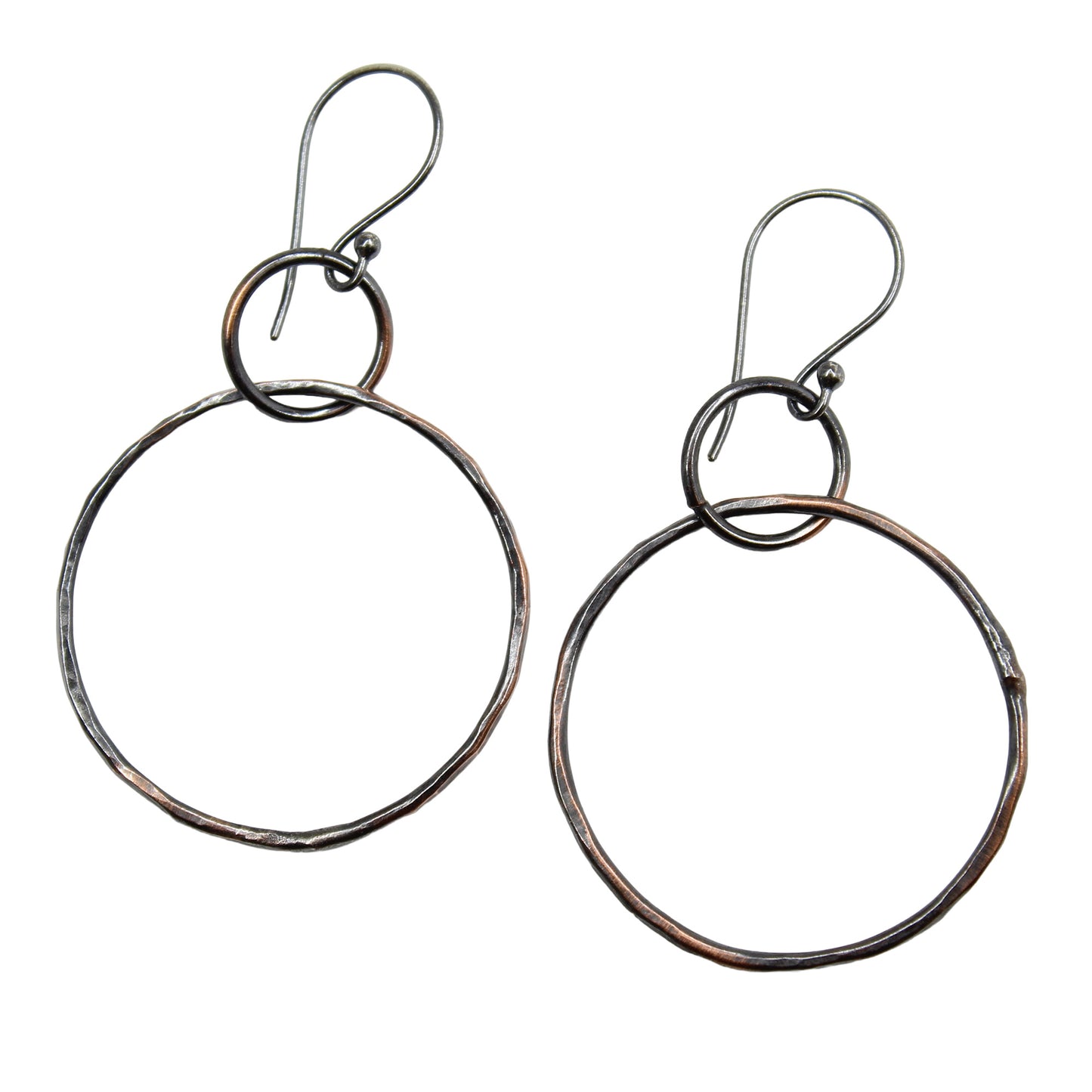 Rustic Hammered Copper Hoop Earrings with Sterling Silver Wires