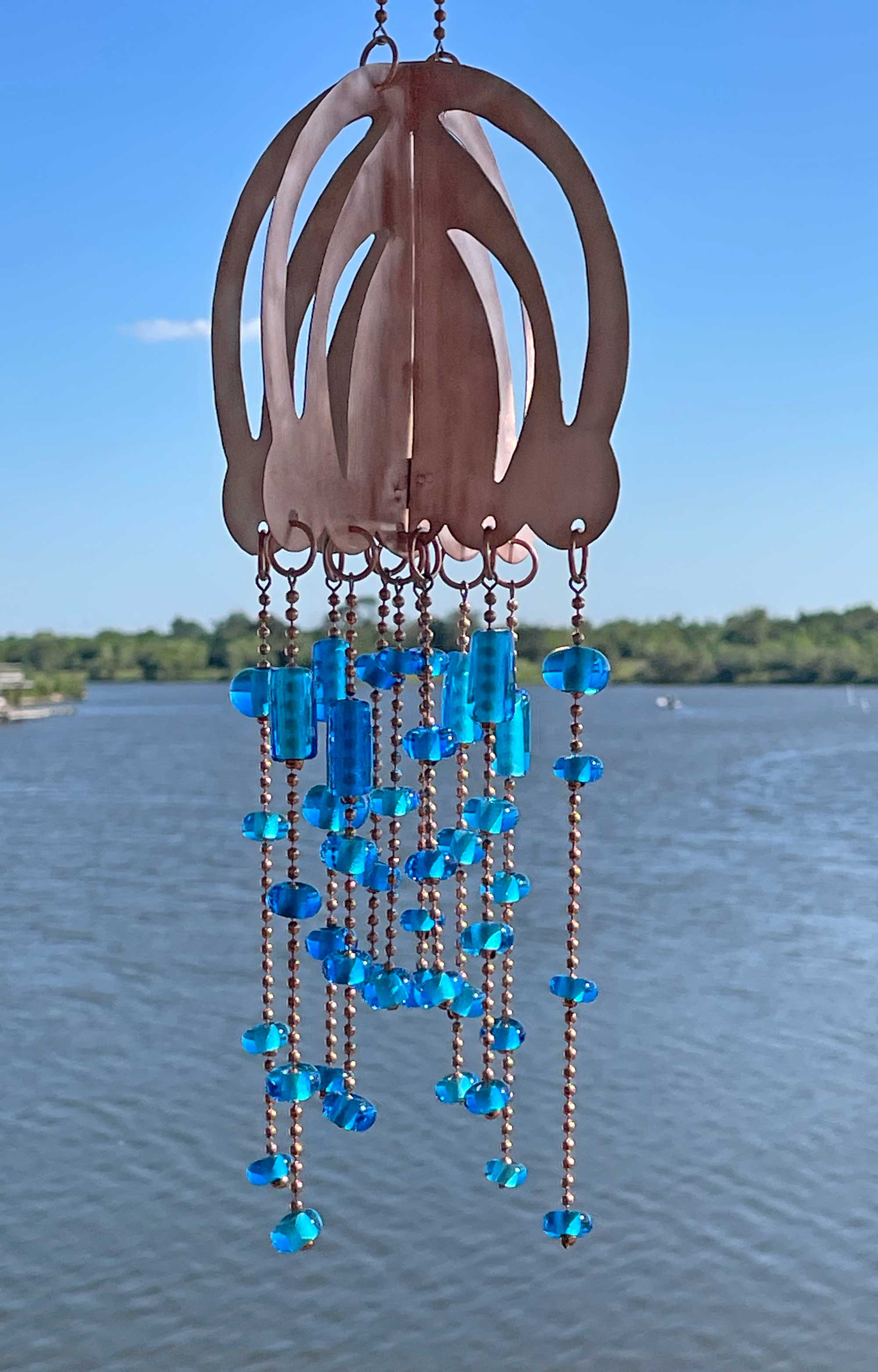 Handmade Copper Jellyfish Mobile with Aqua Blue Glass Beads