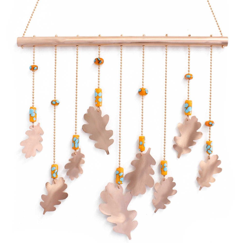 
                      
                        Copper Wind Chime with Oak Leaves and Orange and Turquoise Beads
                      
                    