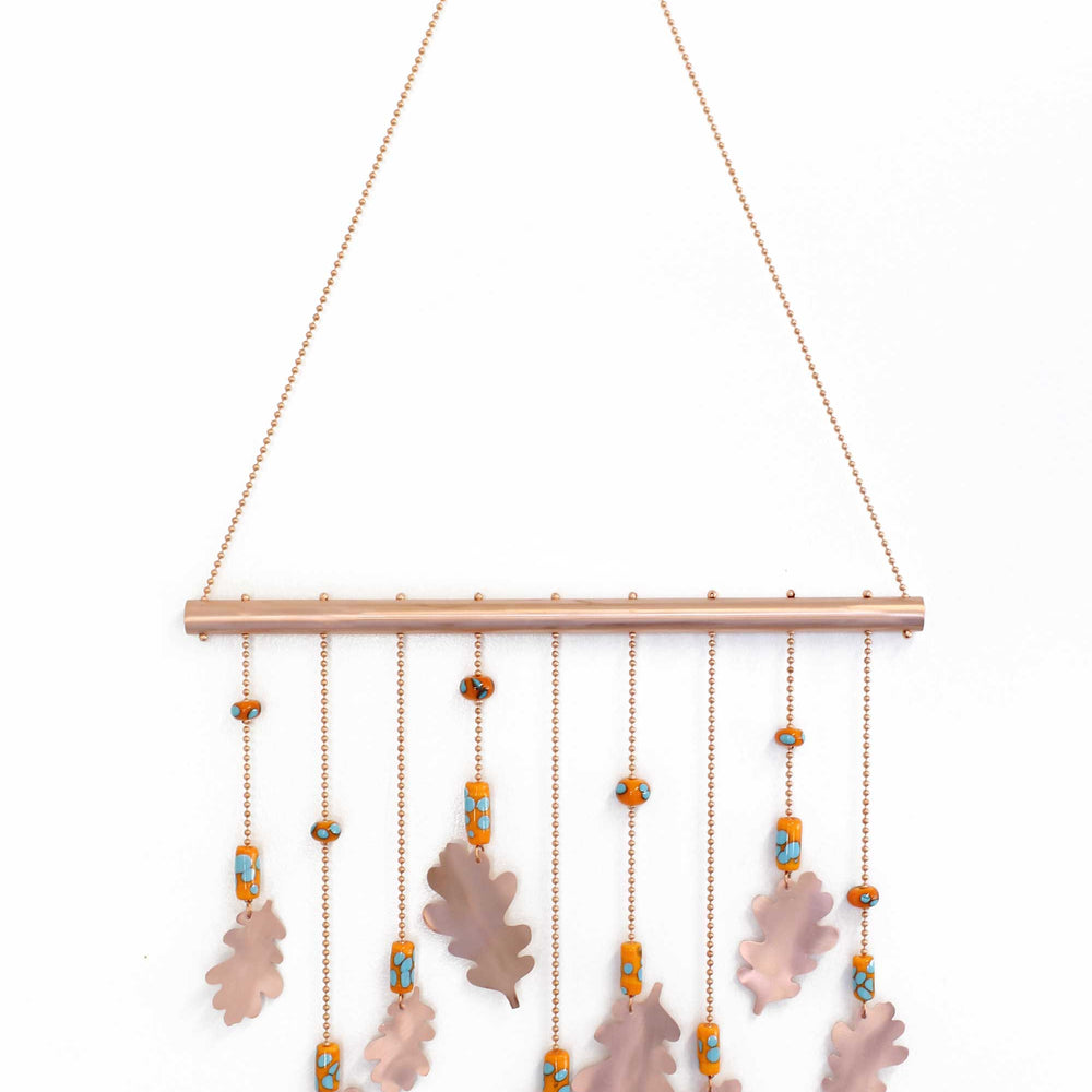 Copper Wind Chime with Oak Leaves and Orange and Turquoise Beads