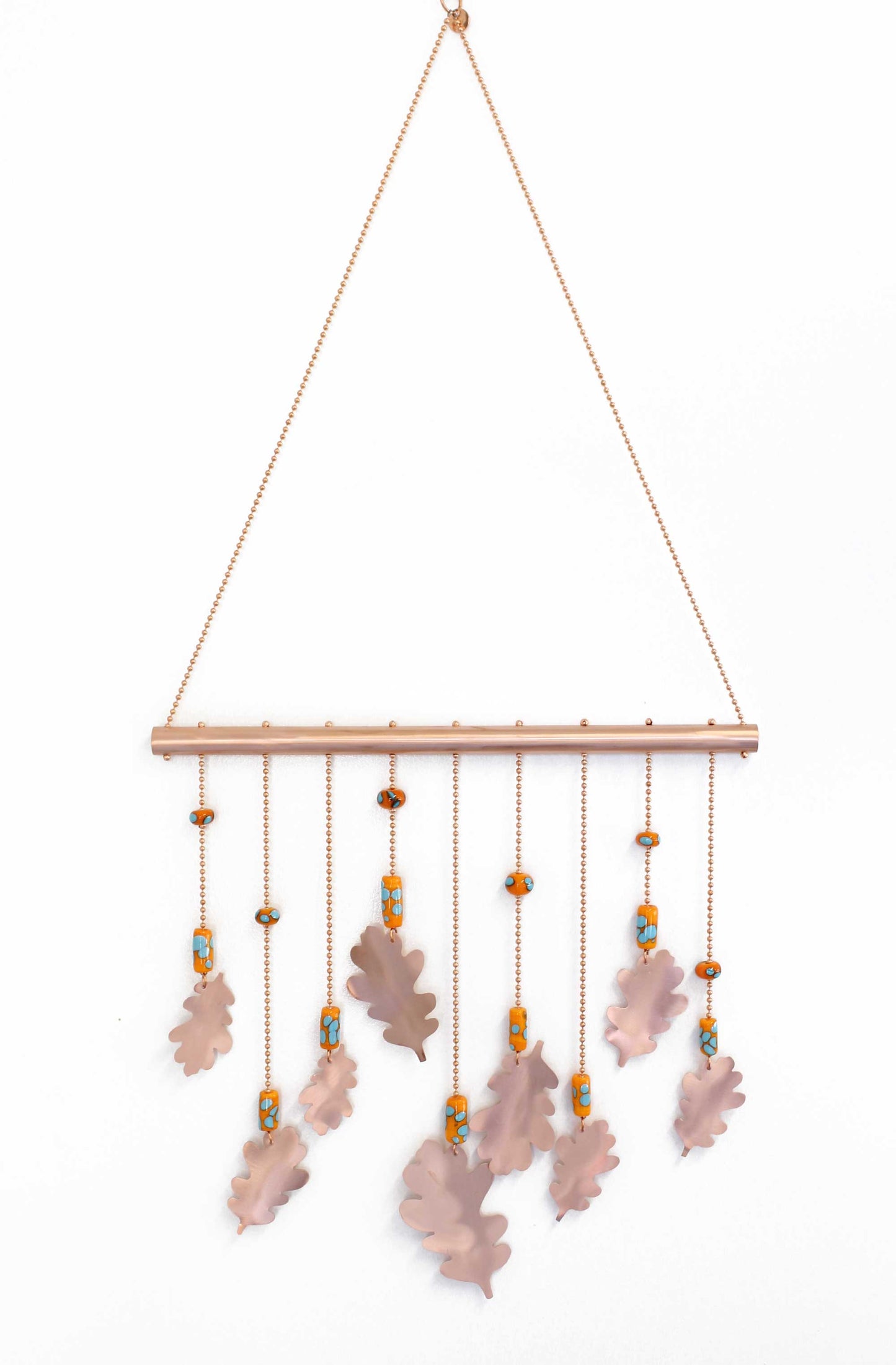 Copper Wind Chime with Oak Leaves and Orange and Turquoise Beads