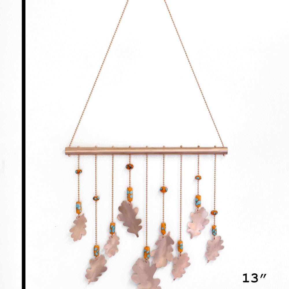 
                      
                        Copper Wind Chime with Oak Leaves and Orange and Turquoise Beads
                      
                    